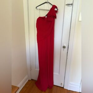 Tadashi Shoji Plisse One-Shoulder Floor-Length Gown Flame Red Size 10